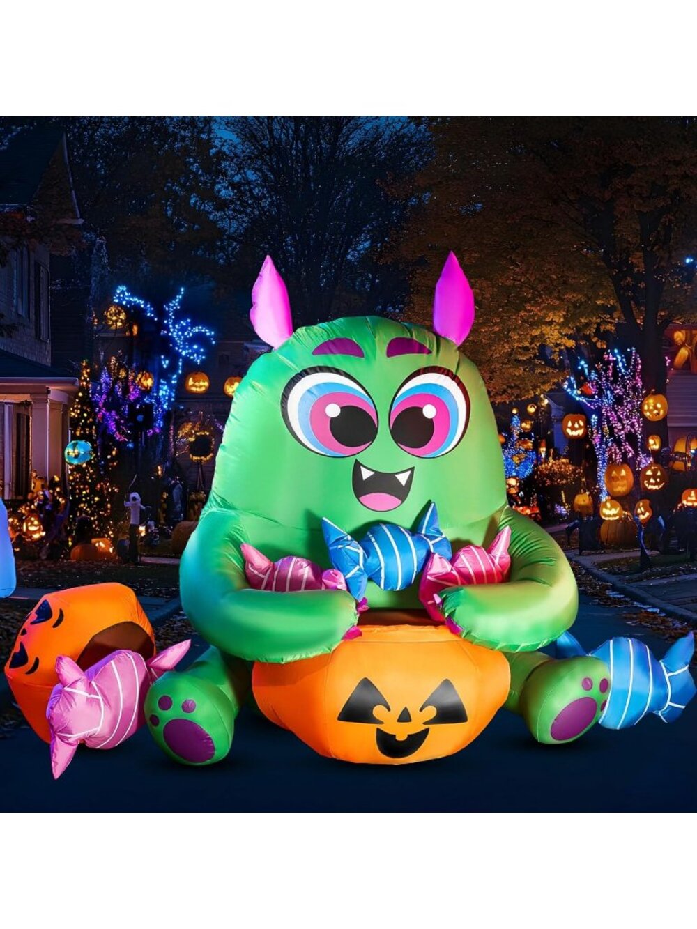 🎃5 FT Long Halloween Inflatable Monster Candy with Pumpkin Blow Up Yard Decor